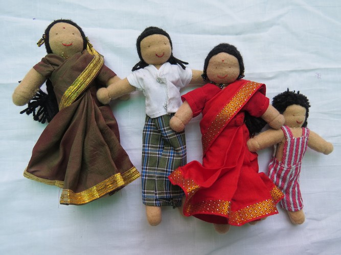 Soft Cotton Dolls Premalaya Handicrafts Trust Hand embroidery leaf painting with hand made paper greeting cards palm leaf soft cotton dolls handloom tailoring recycle nylon wirebags